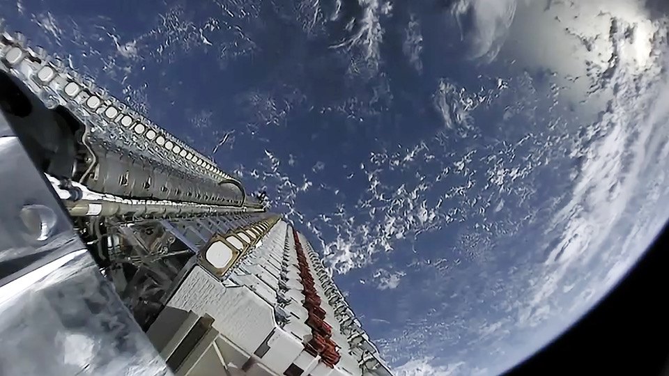 Sixty Starlink satellites stacked inside the Falcon 9 fairing before the first mission, May 2019